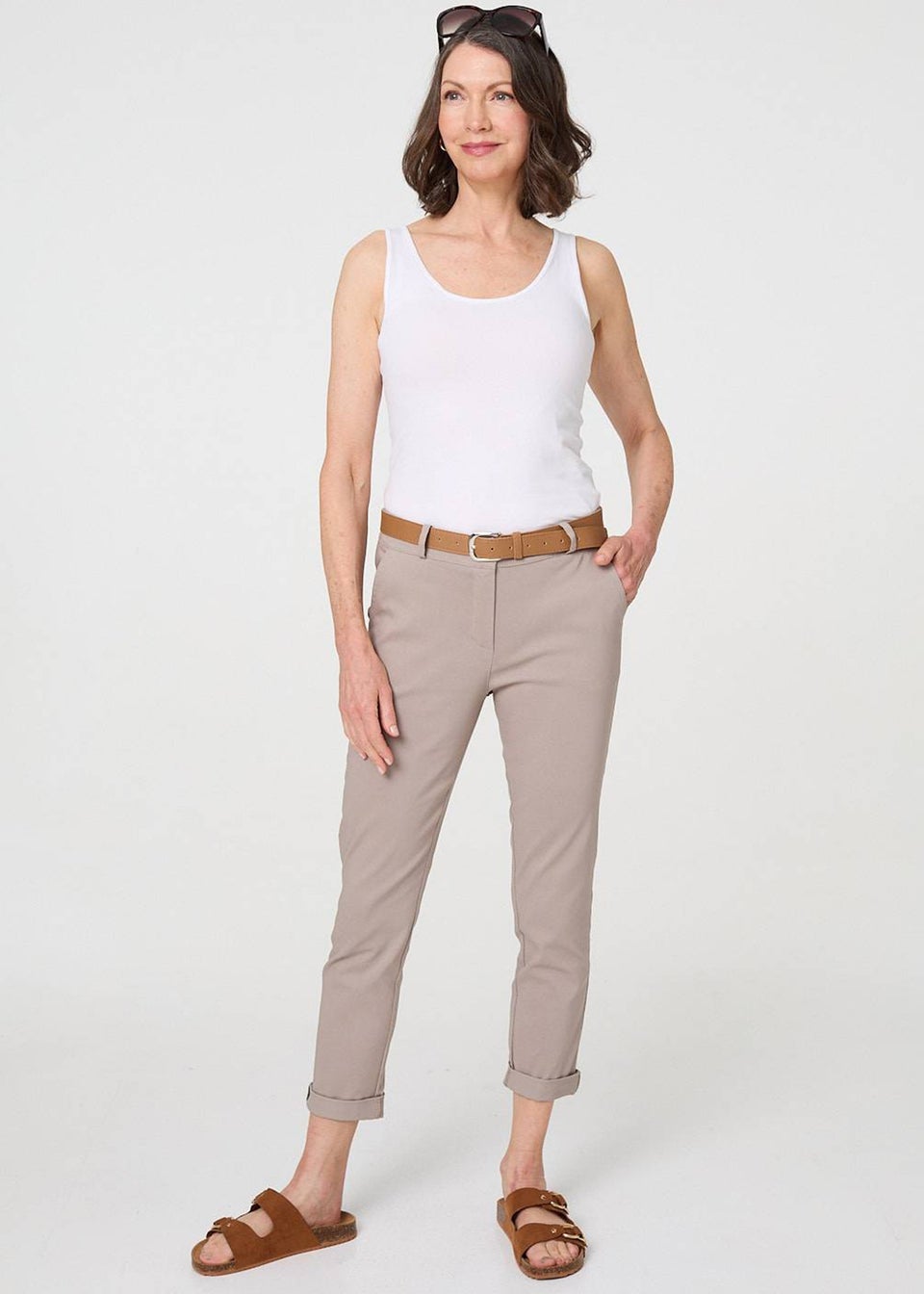 Izabel London Beige Belt Detail Slim Fit Cropped Trousers