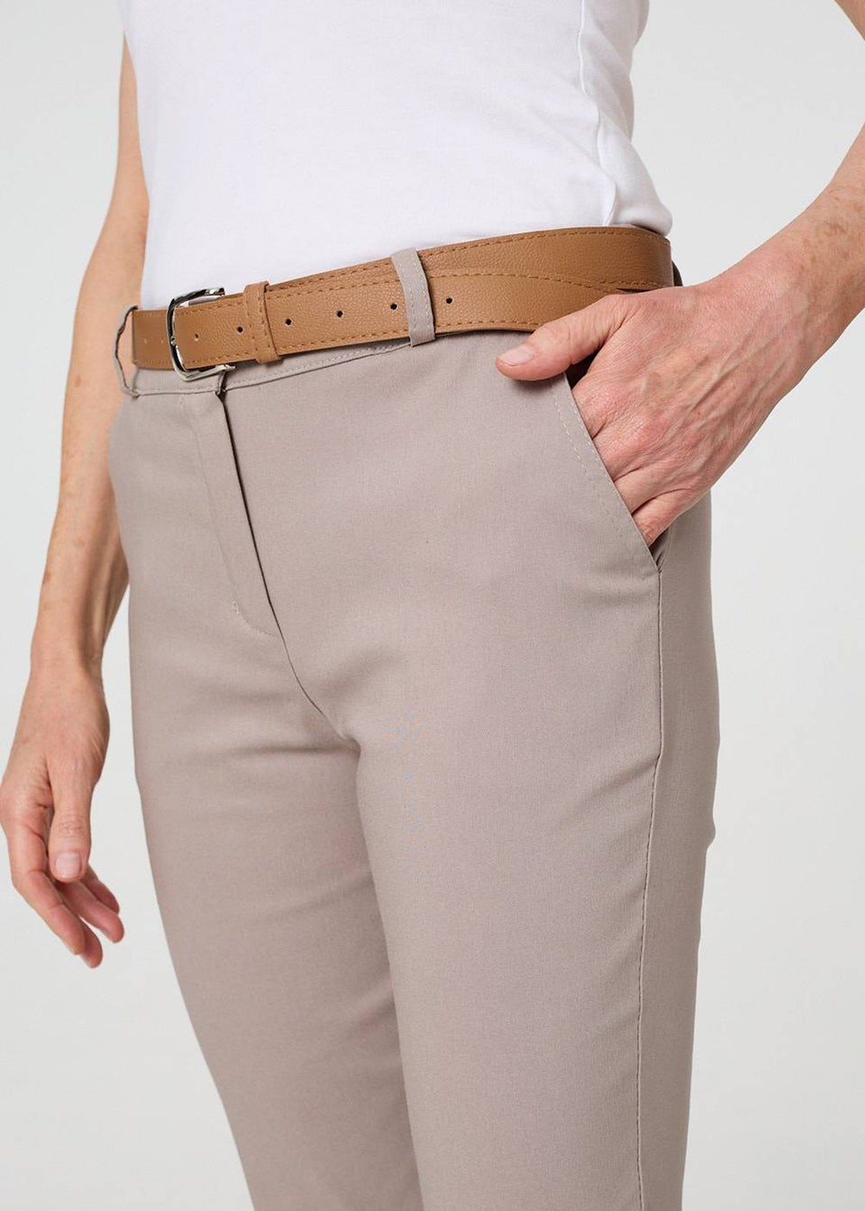 Izabel London Beige Belt Detail Slim Fit Cropped Trousers
