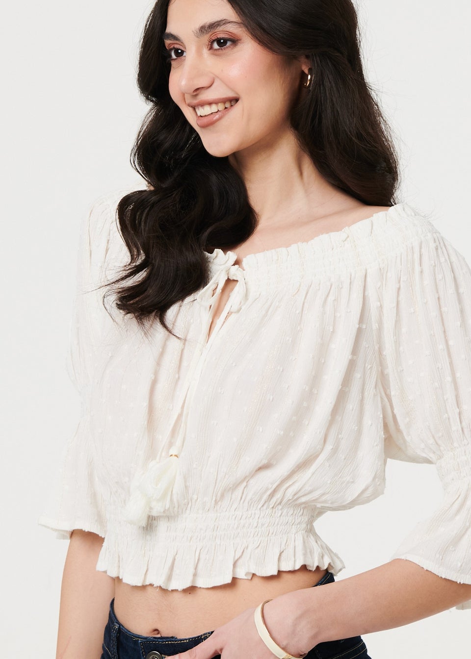 Izabel London White Textured Bardot Ruched Crop Top