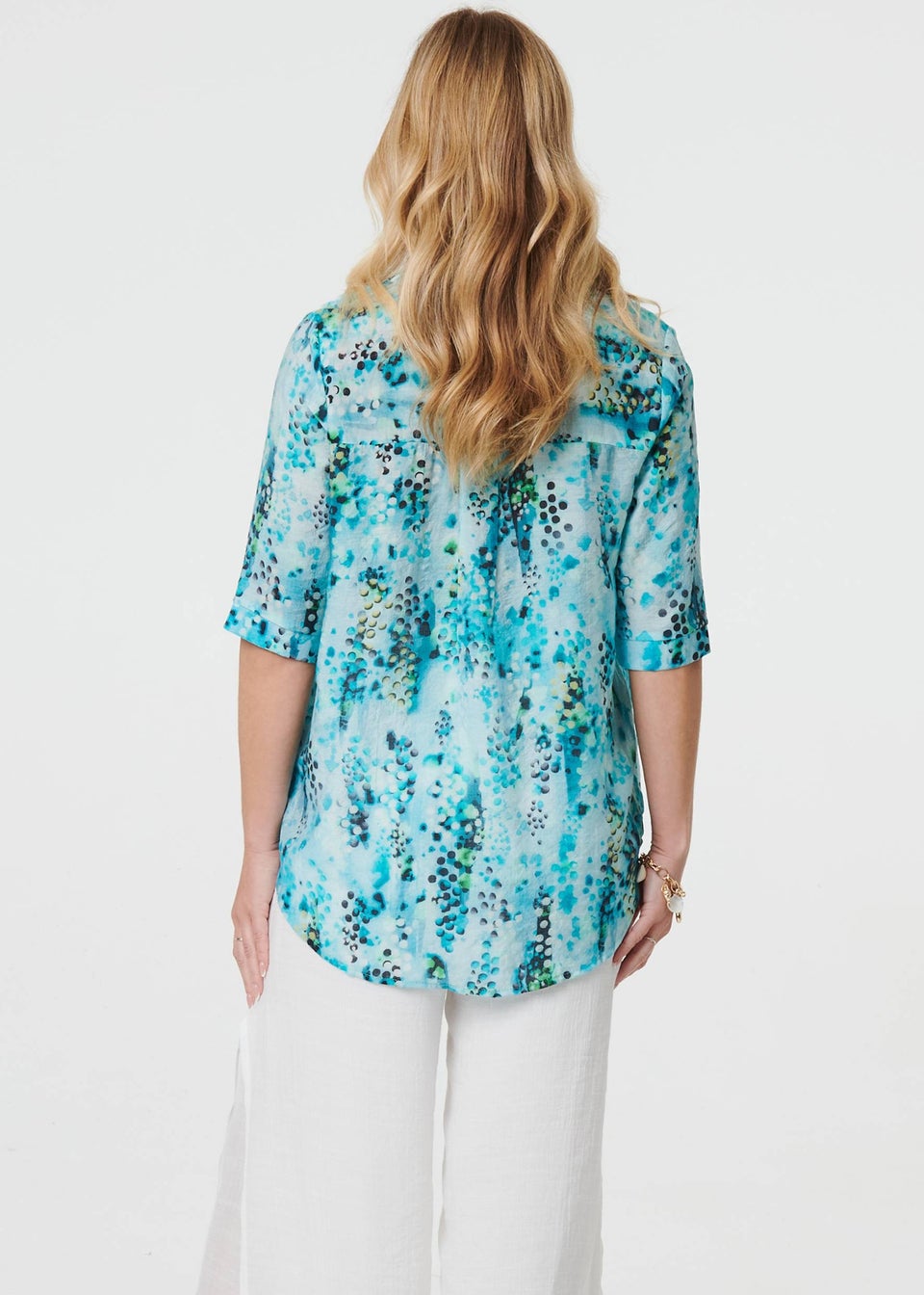 Izabel London Turquoise Printed 3/4 Sleeve Relaxed V-Neck Blouse