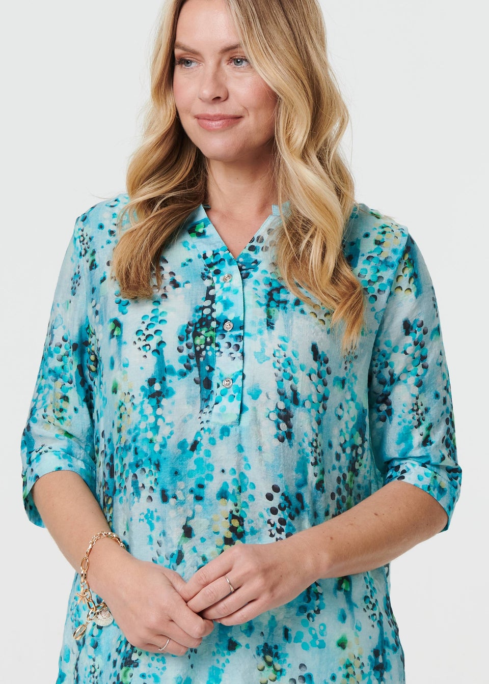 Izabel London Turquoise Printed 3/4 Sleeve Relaxed V-Neck Blouse