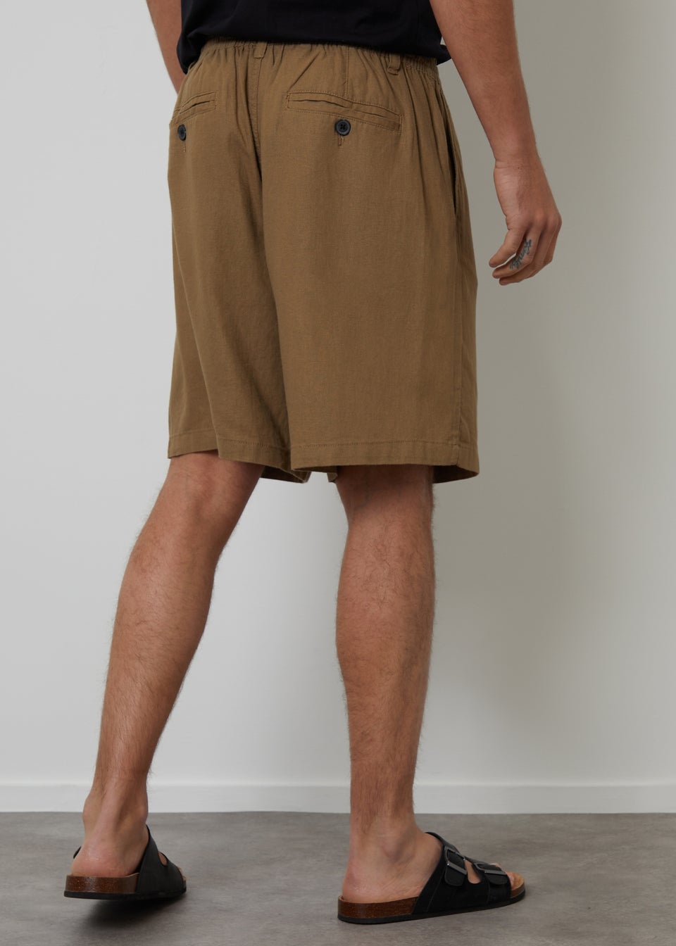 Threadbare Stone Linen Blend Pleated Loose Fit Shorts