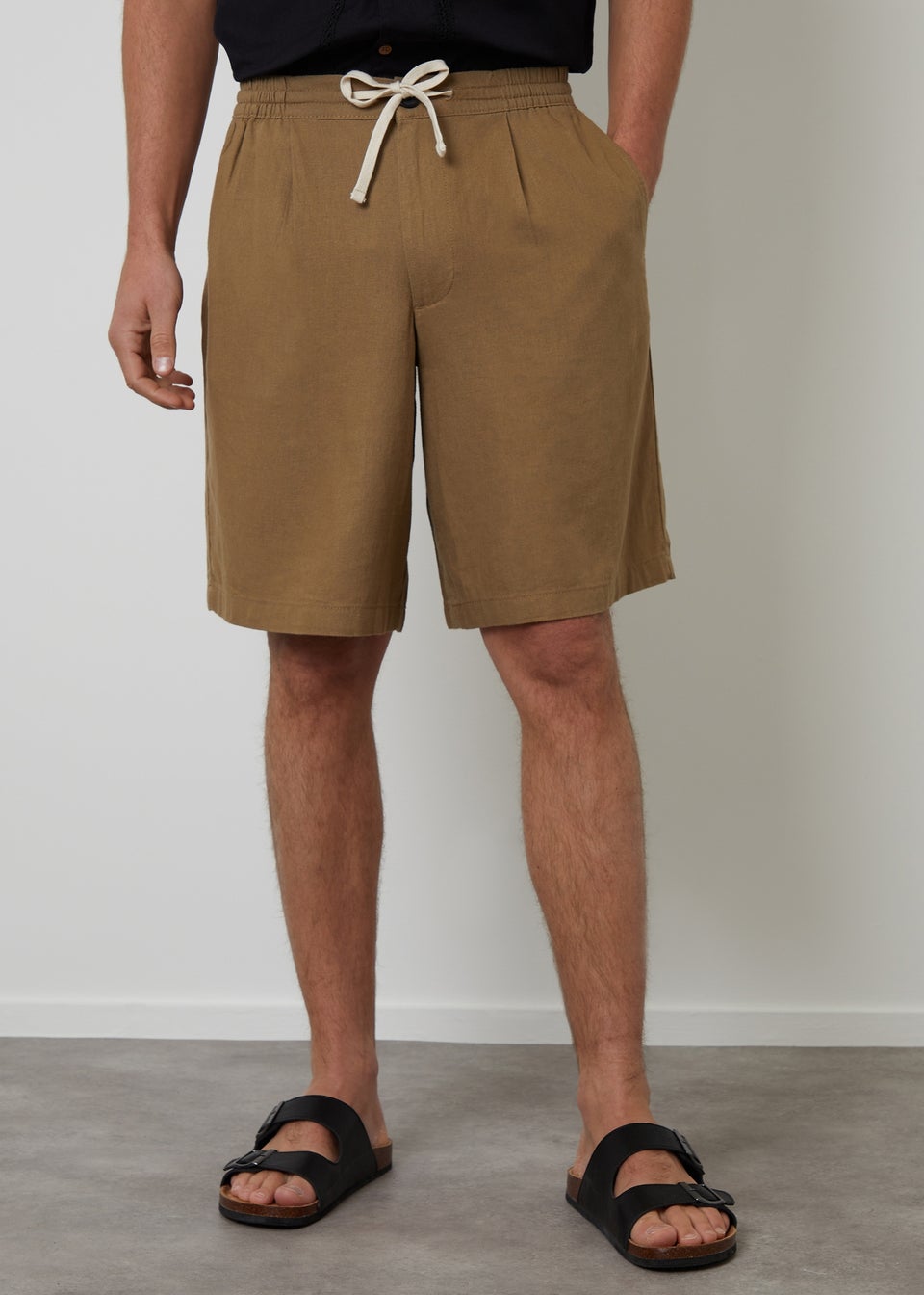 Threadbare Stone Linen Blend Pleated Loose Fit Shorts
