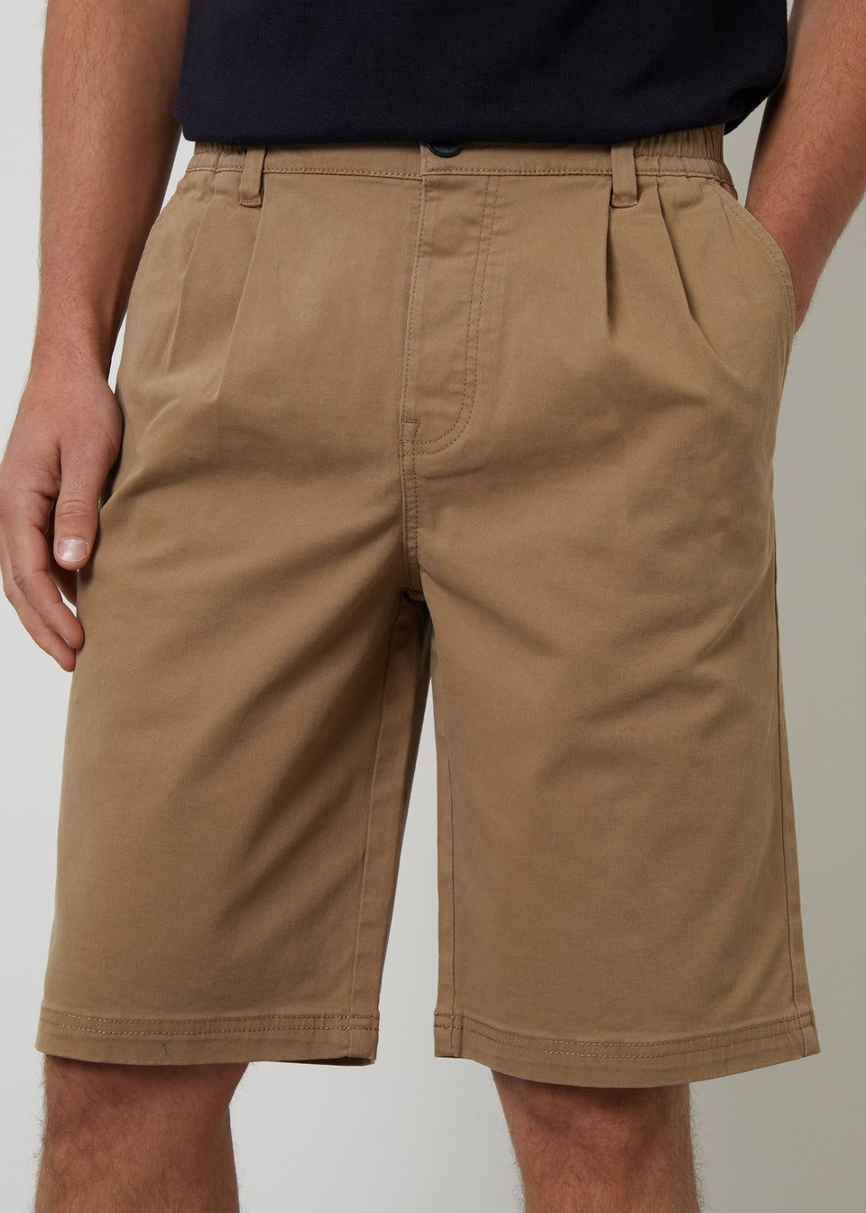 Threadbare Stone Pleated Relaxed Fit Stretch Chino Shorts
