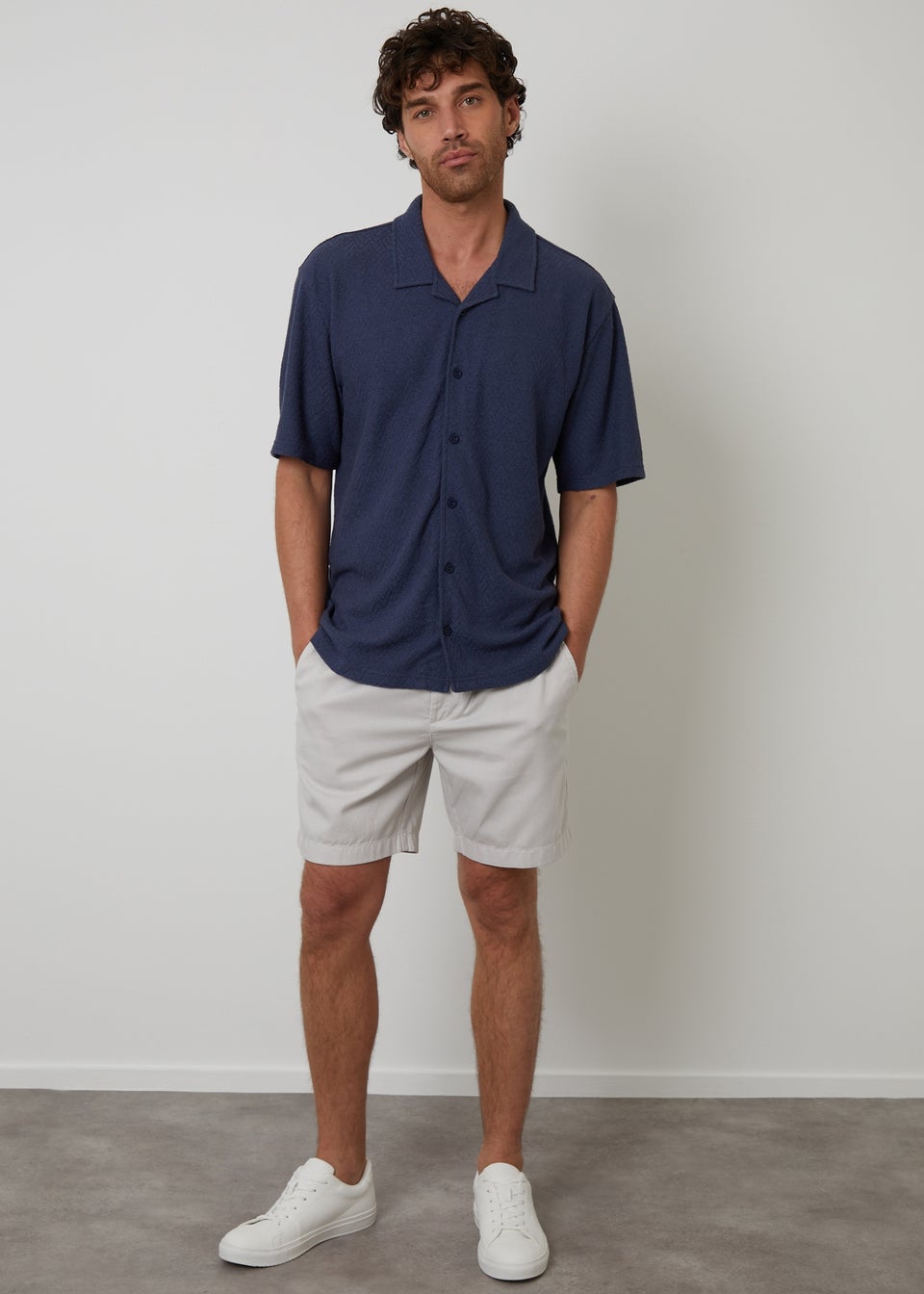 Threadbare Blue Relaxed Fit Textured Revere Collar Shirt