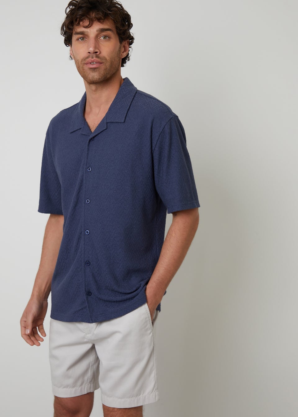 Threadbare Blue Relaxed Fit Textured Revere Collar Shirt