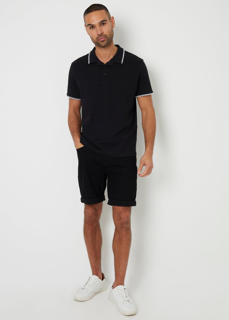 Threadbare Black Cotton Contrast Revere Collar Polo Shirt