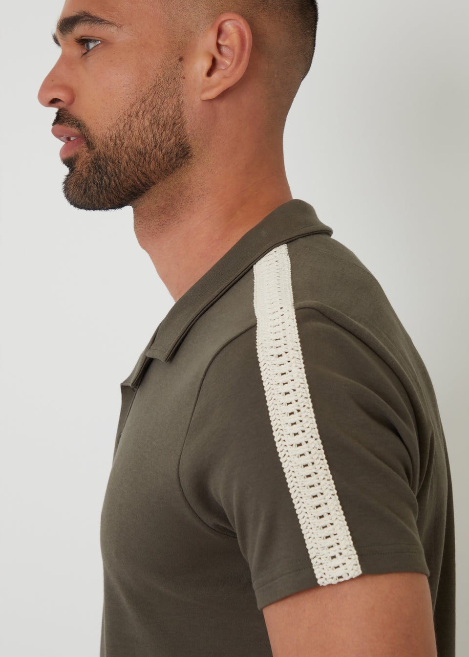 Threadbare Khaki Crochet Detail Revere Collar Polo Shirt