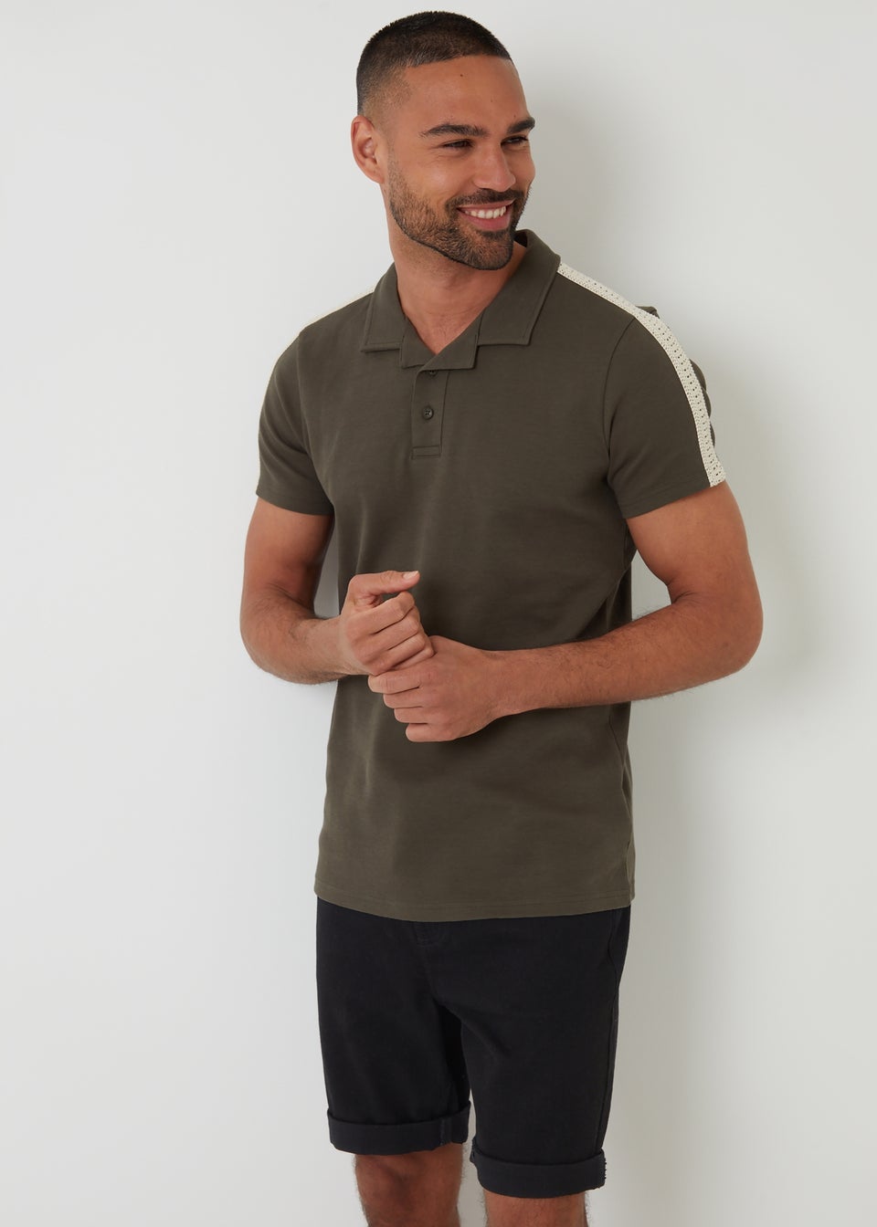 Threadbare Khaki Crochet Detail Revere Collar Polo Shirt