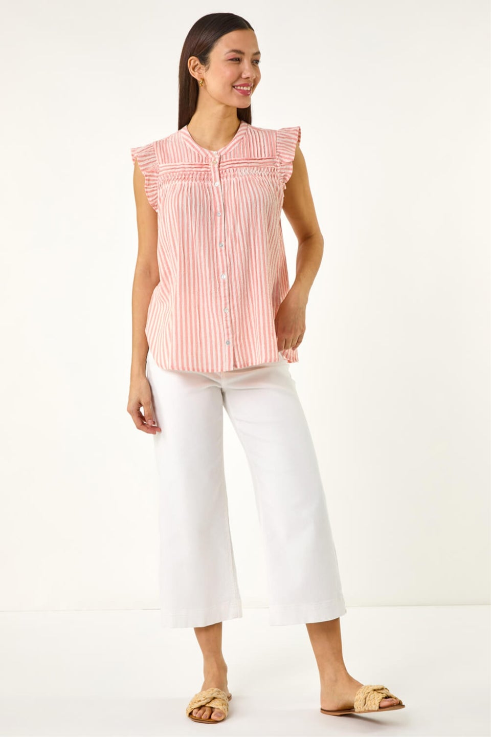 Roman Light Pink Stripe Print Frill Blouse