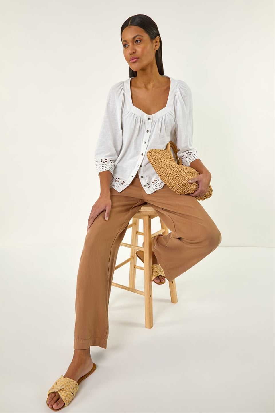 Roman Ivory Cotton Broderie Hem Blouse