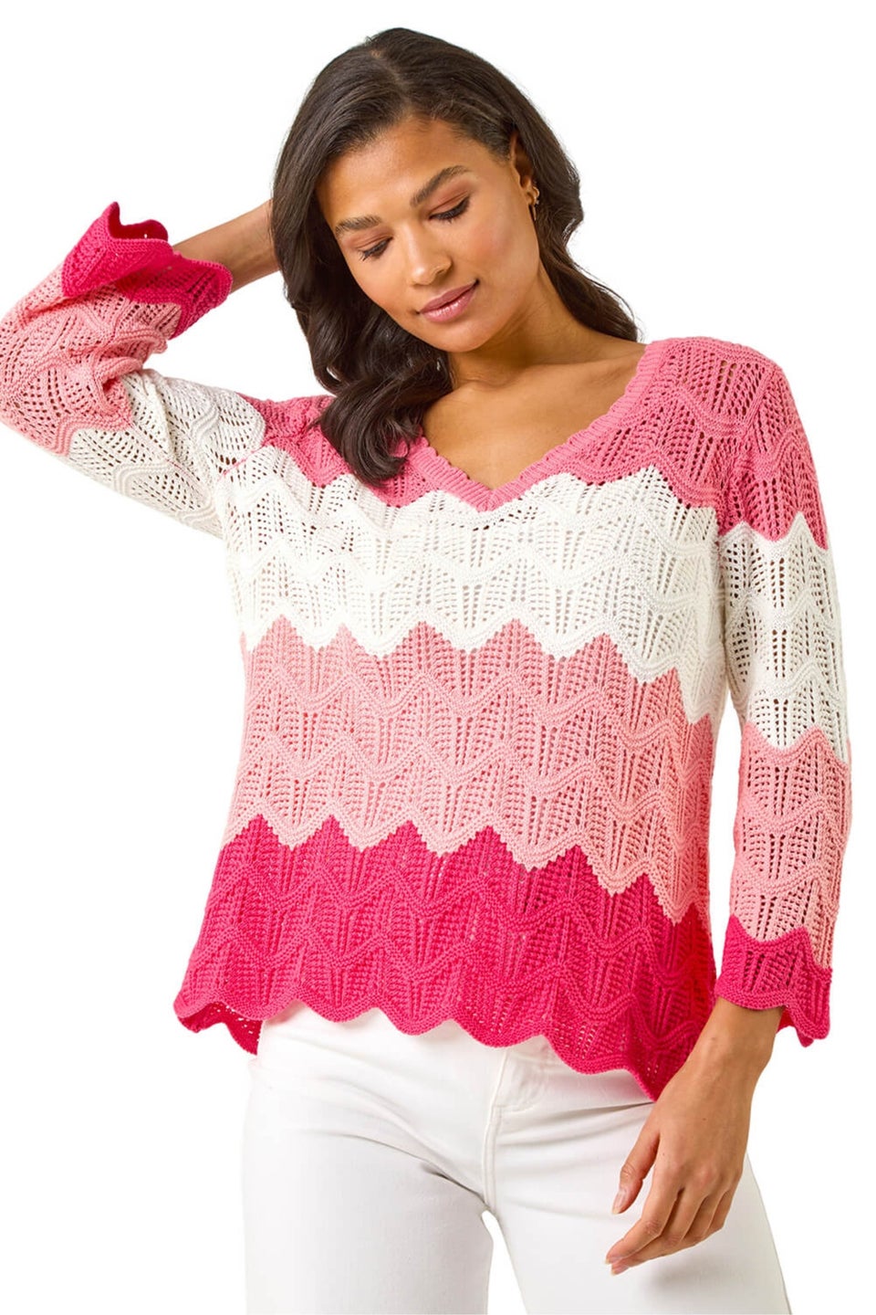 Roman Pink Colour Block Crochet Knit Scalloped Jumper