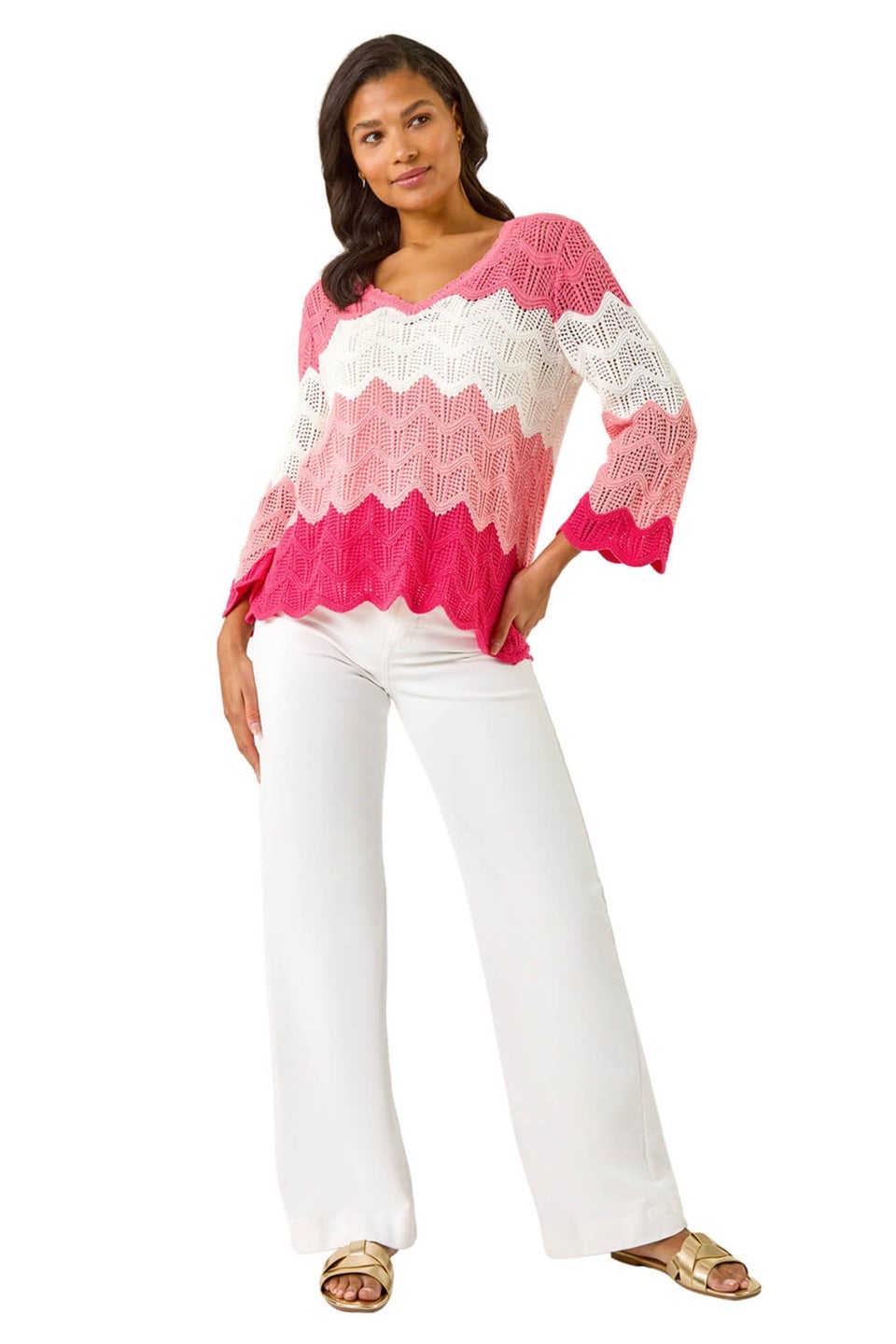 Roman Pink Colour Block Crochet Knit Scalloped Jumper