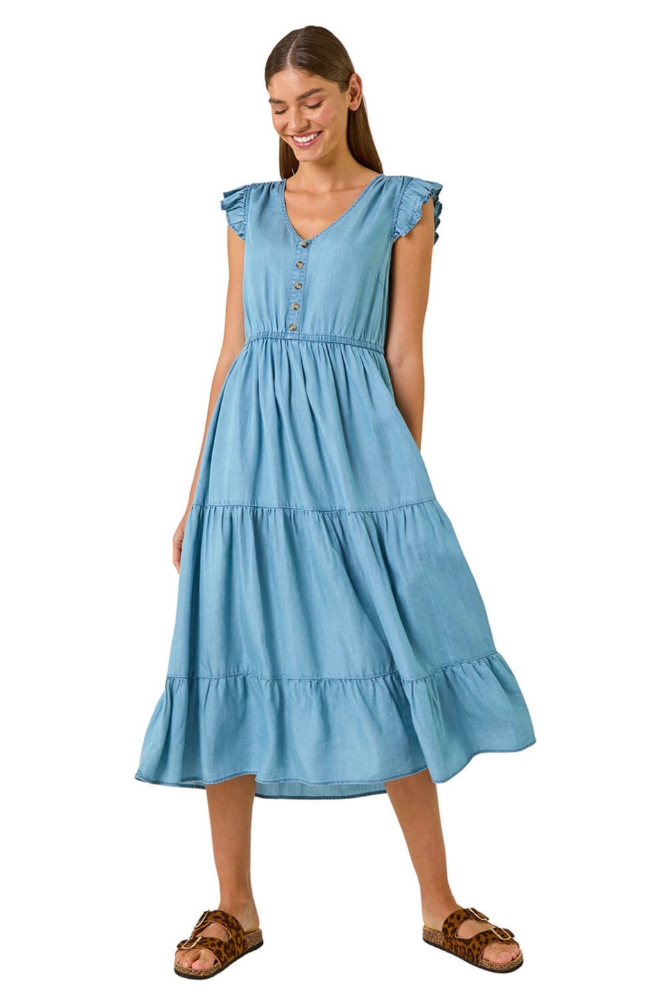 Roman Light Denim Tiered Frill Sleeve Midi Dress
