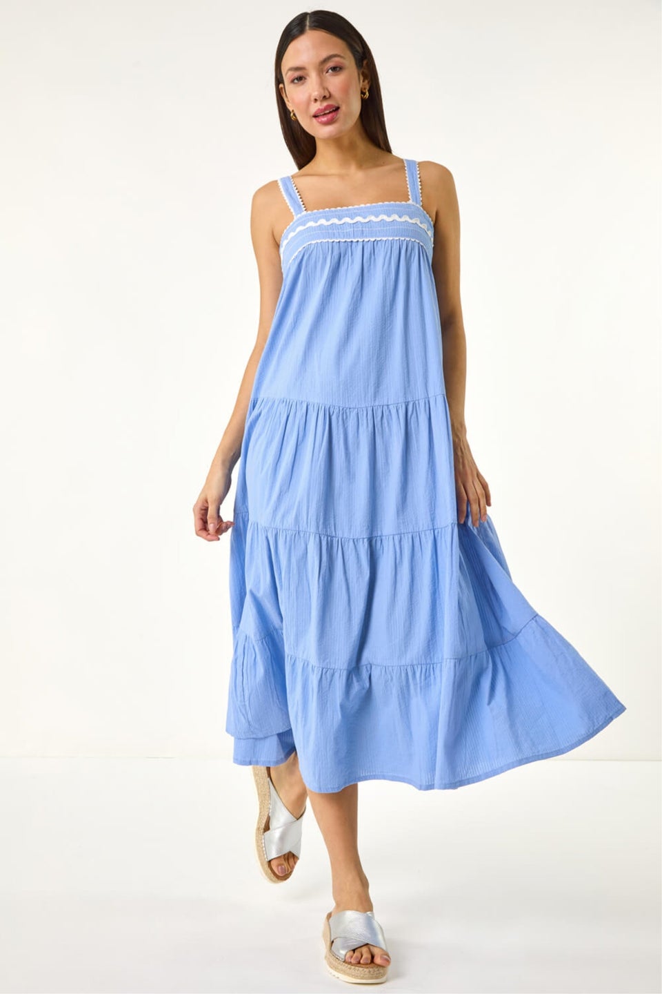 Roman Light Blue Ric Rac Trim Midi Dress
