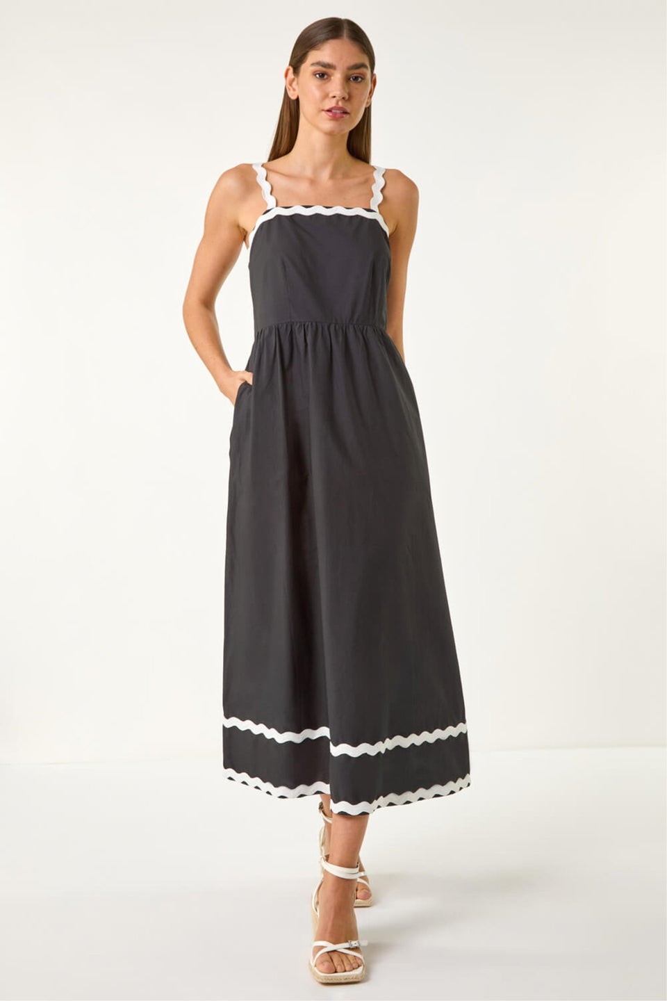 Roman Black Contrast Ric Rac Midi Dress