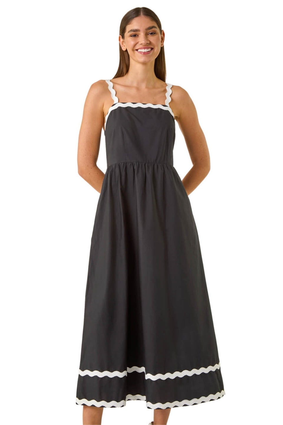 Roman Black Contrast Ric Rac Midi Dress
