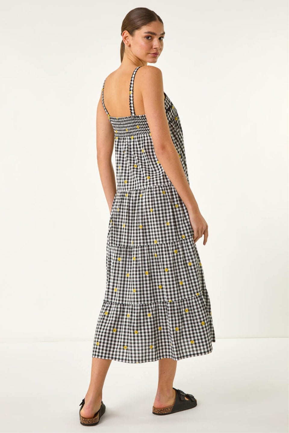 Roman Black Gingham Embroidered Midi Dress