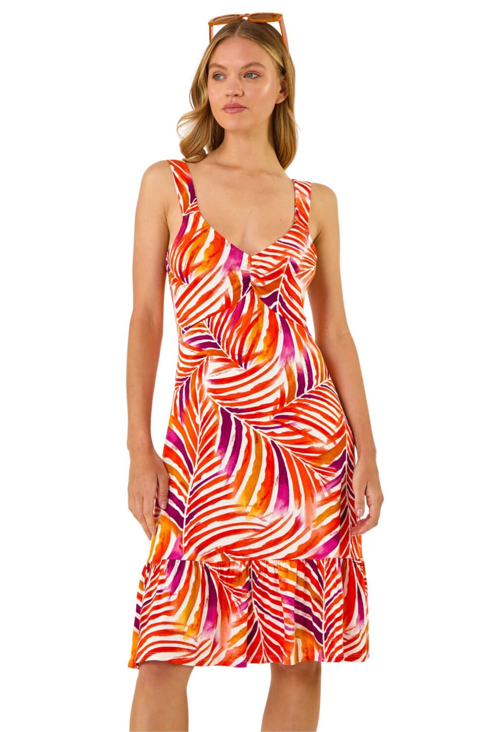 Roman Red Abstract Print V-Neck Frill Dress