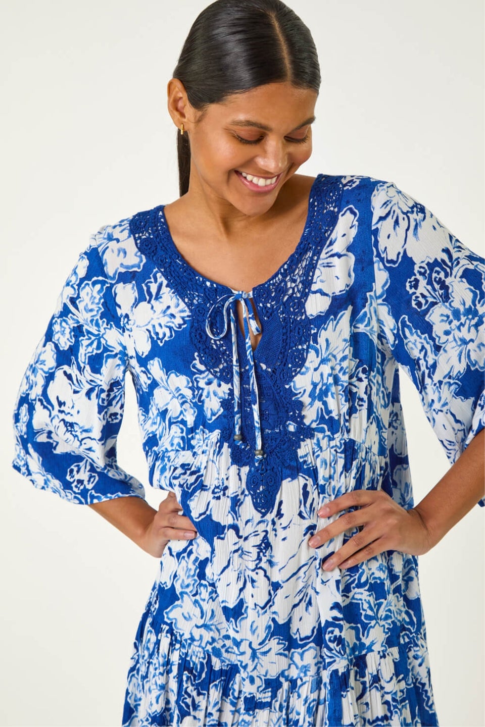Roman Blue Shadow Floral Lace Smock Dress