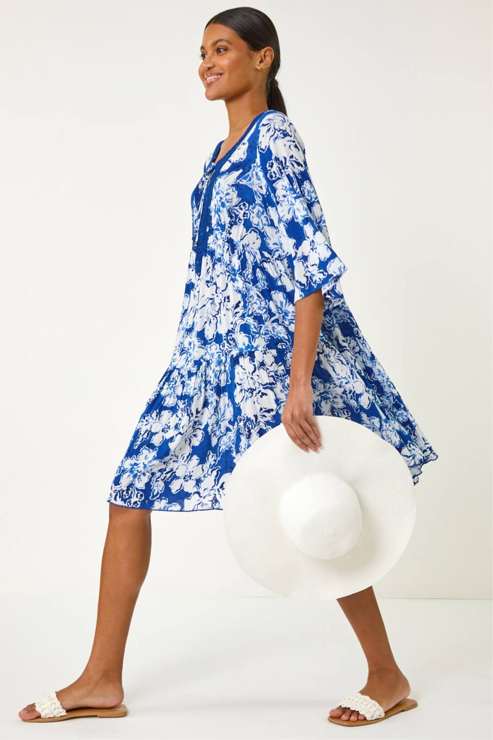 Roman Blue Shadow Floral Lace Smock Dress