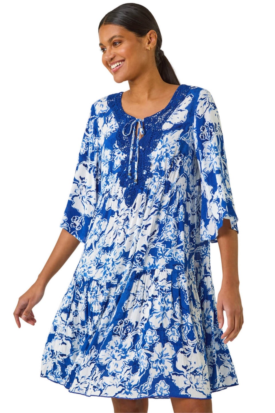 Roman Blue Shadow Floral Lace Smock Dress