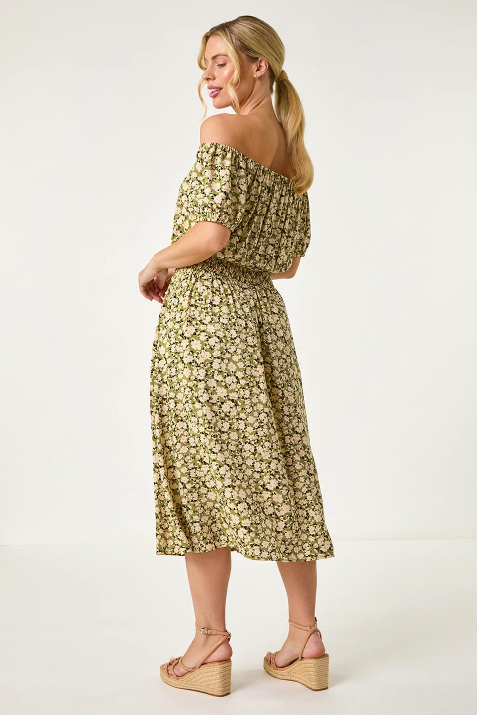 Roman Khaki Petite Ditsy Print Bardot Midi Dress