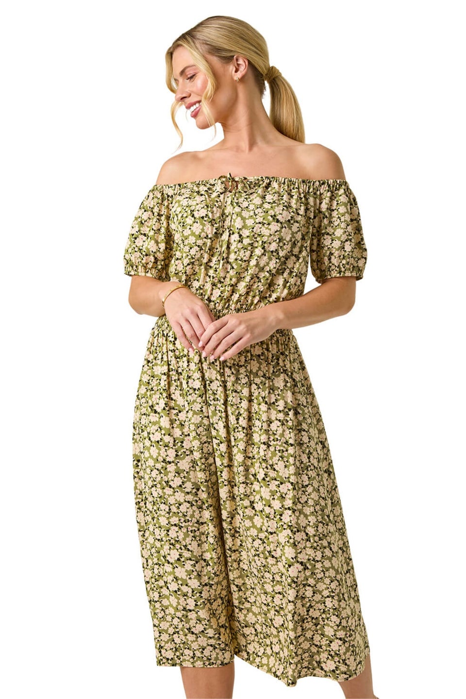 Roman Khaki Petite Ditsy Print Bardot Midi Dress
