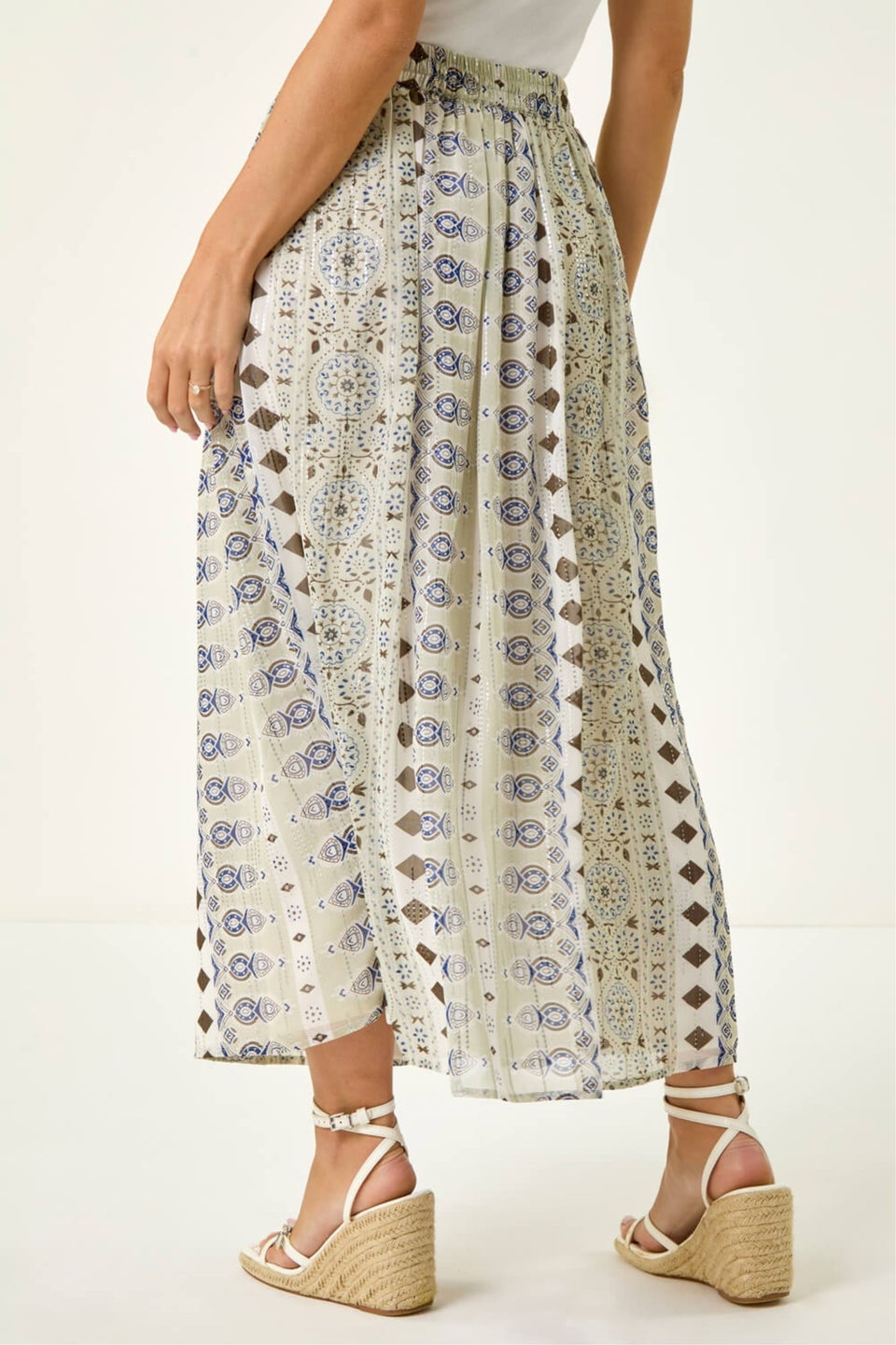 Roman Khaki Petite Metallic Print Tie Front Skirt