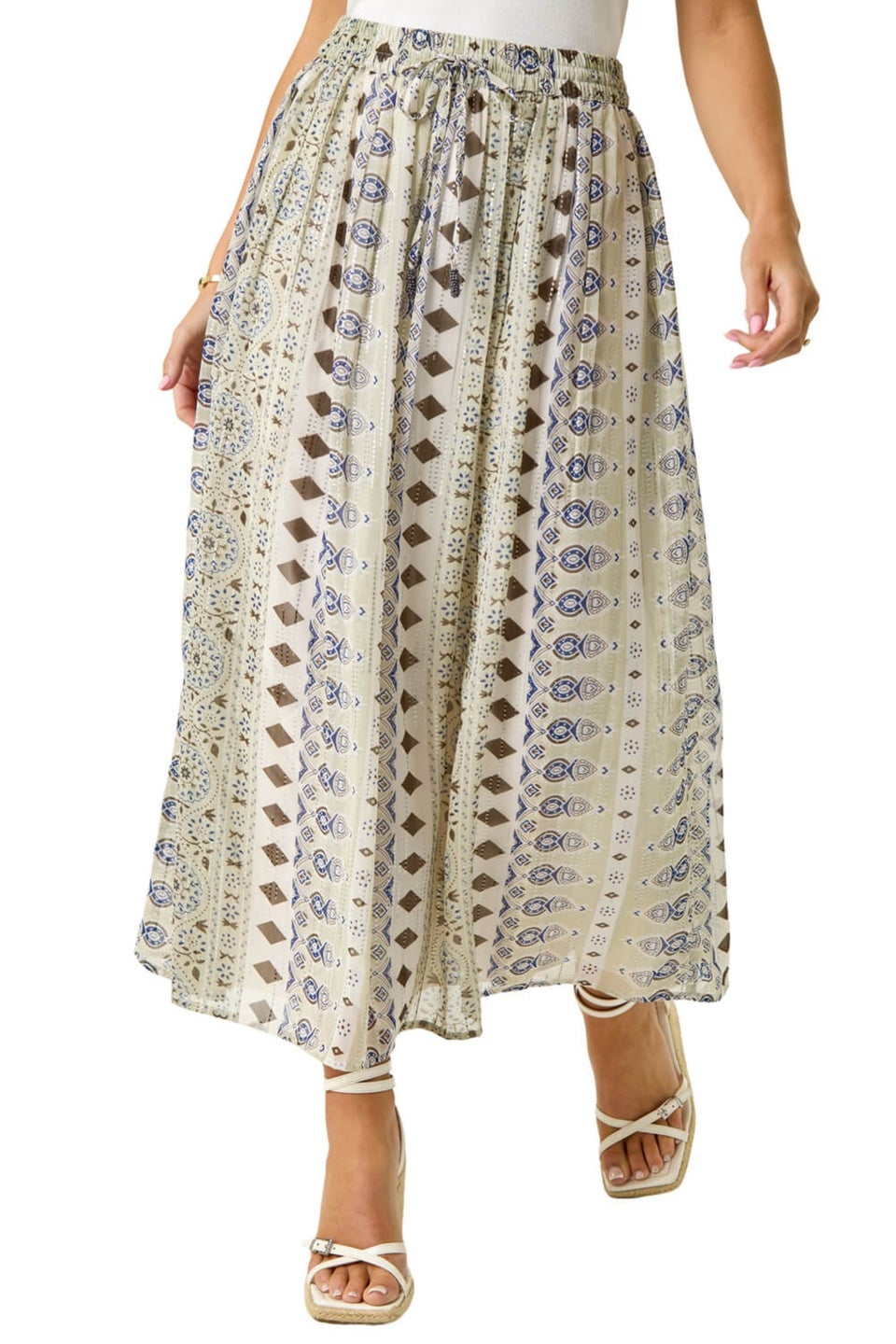Roman Khaki Petite Metallic Print Tie Front Skirt