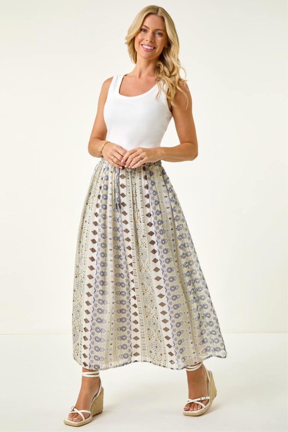 Roman Khaki Petite Metallic Print Tie Front Skirt