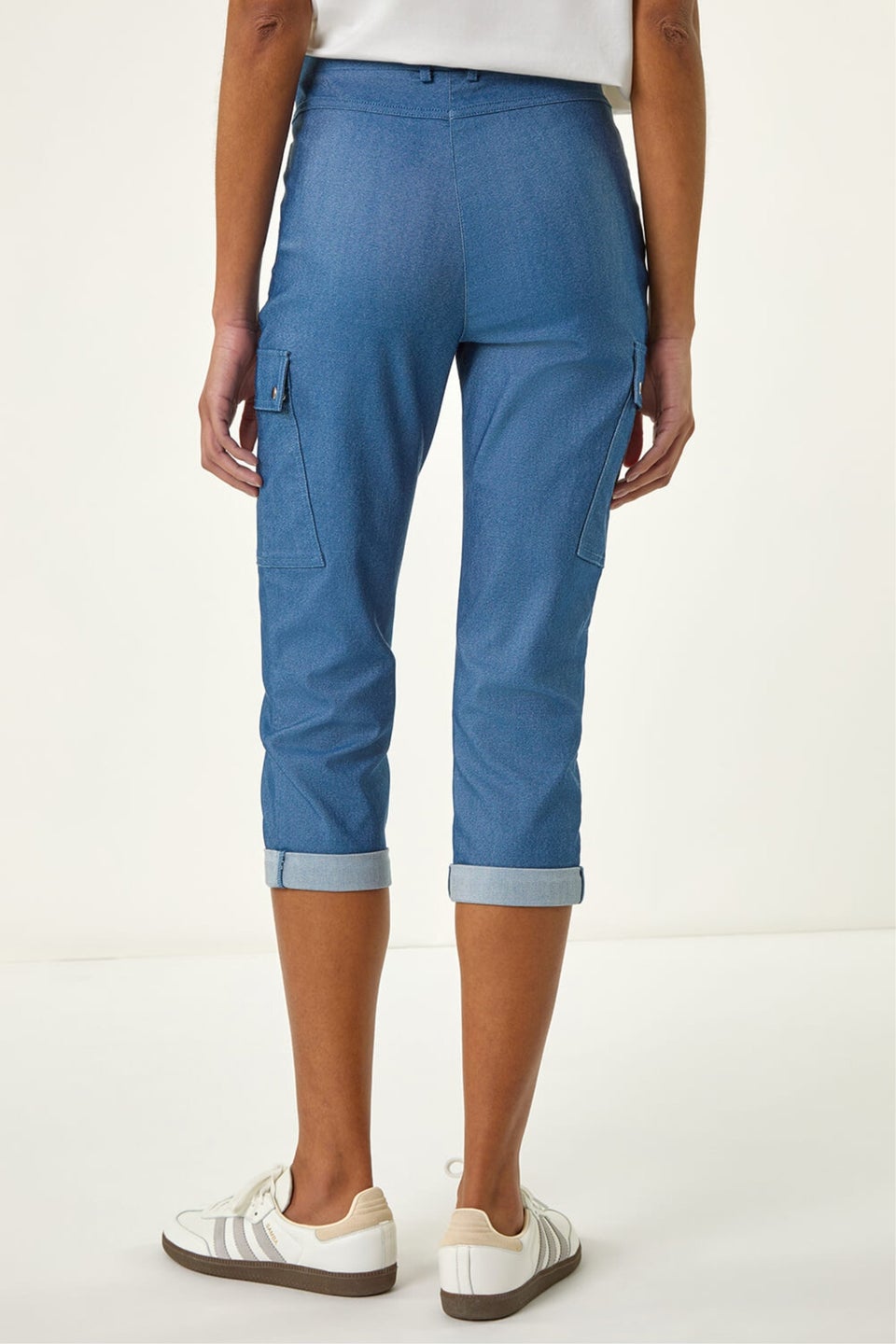 Roman Denim Turn Up Stretch Cropped Cargo Trousers