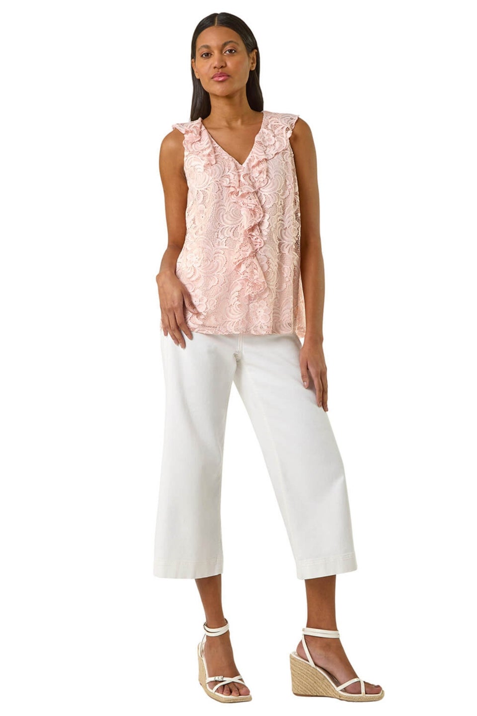 Roman Pink Lace V-Neck Ruffle Front Top