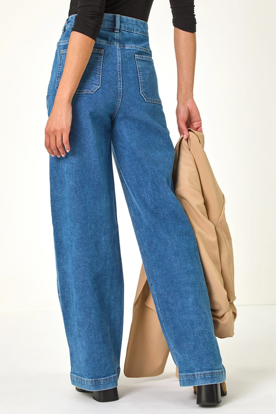 Roman Light Denim Cotton Blend Wide Leg Stretch Jeans
