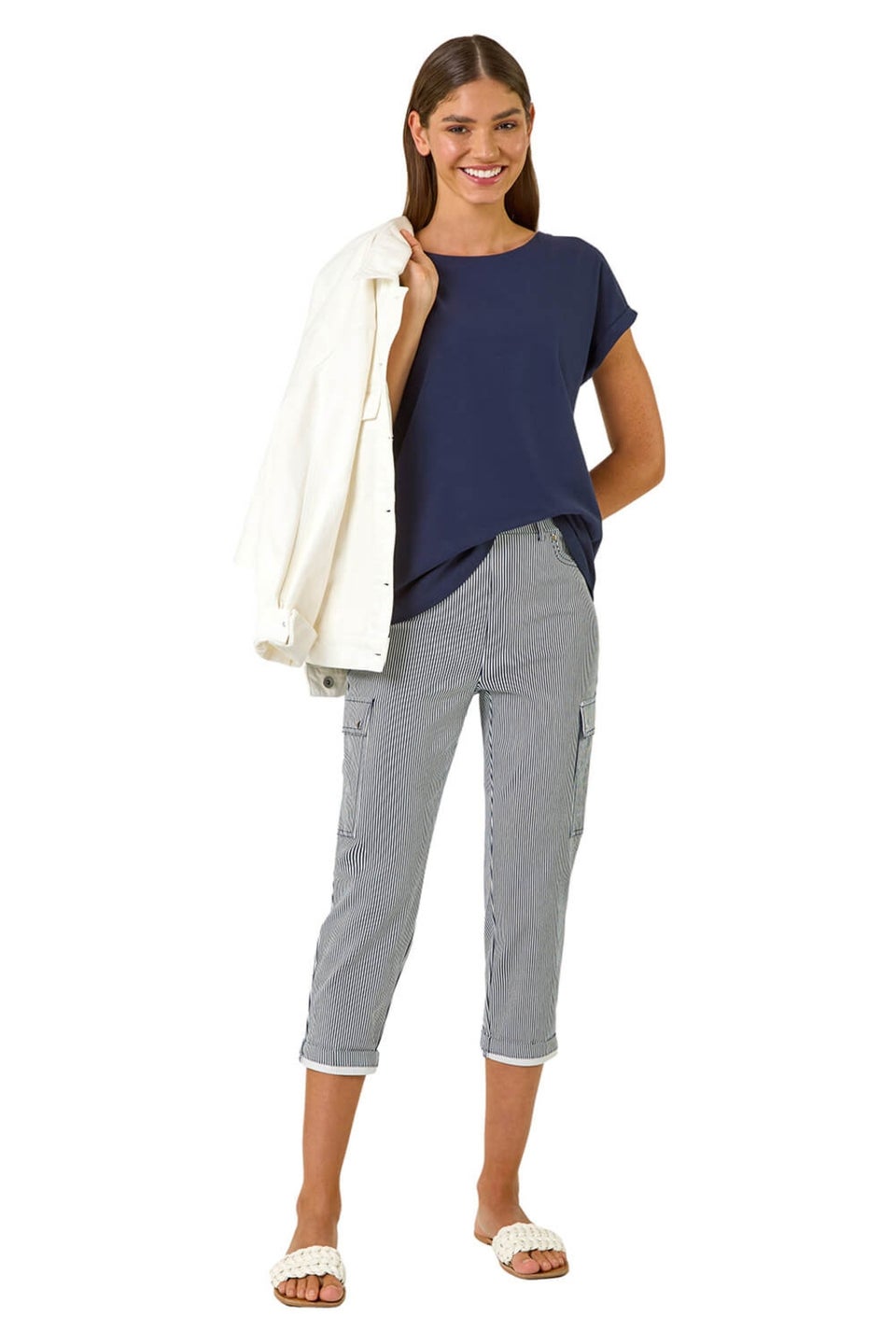 Roman Navy Stripe Cropped Cargo Trouser
