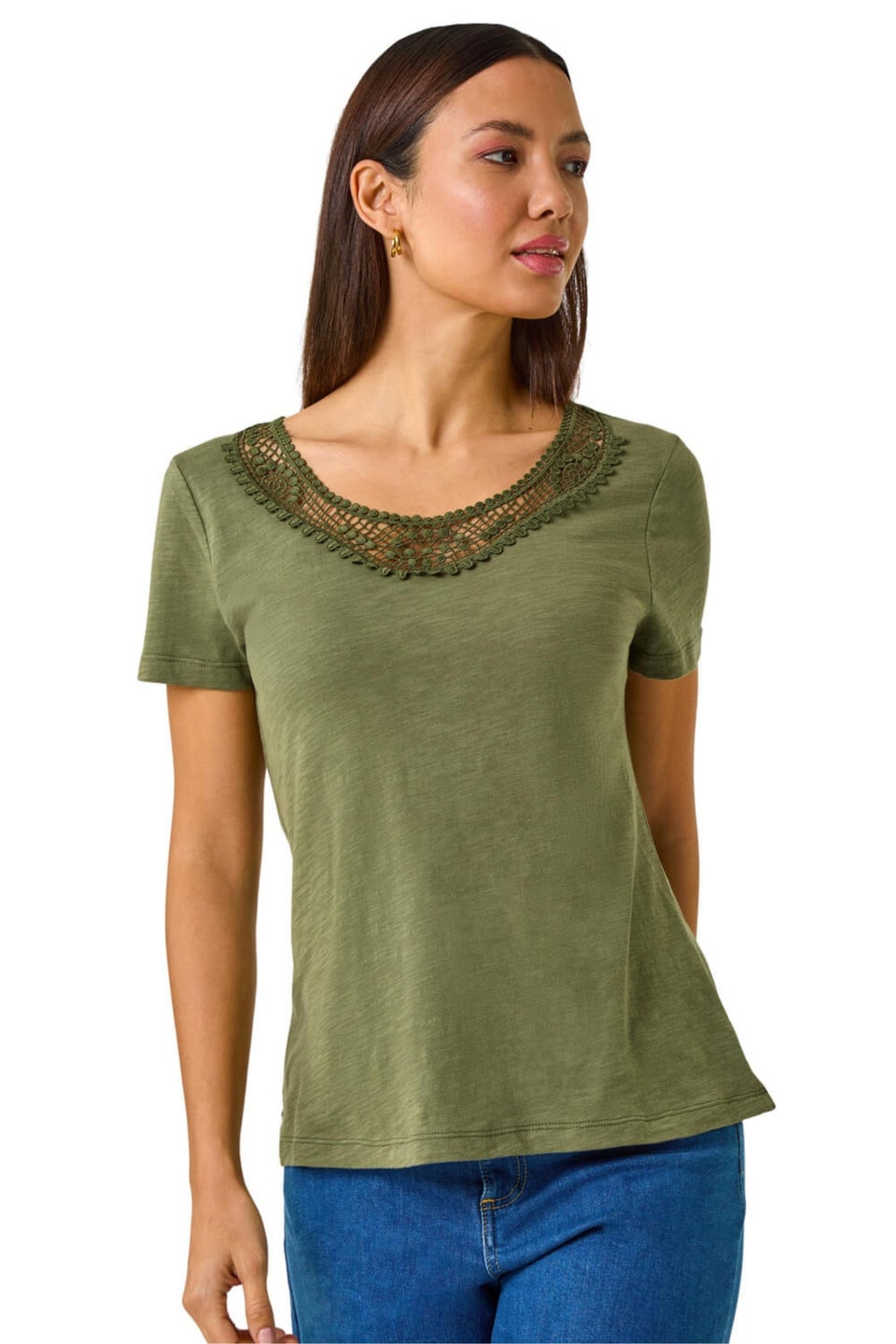 Roman Khaki Lace Neck Trim Stretch Top