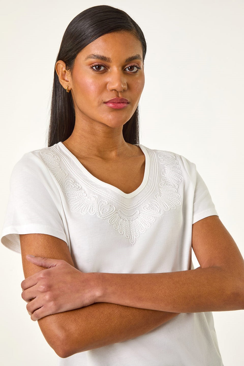 Roman Ivory Cotton Embroidery V-Neck T-Shirt