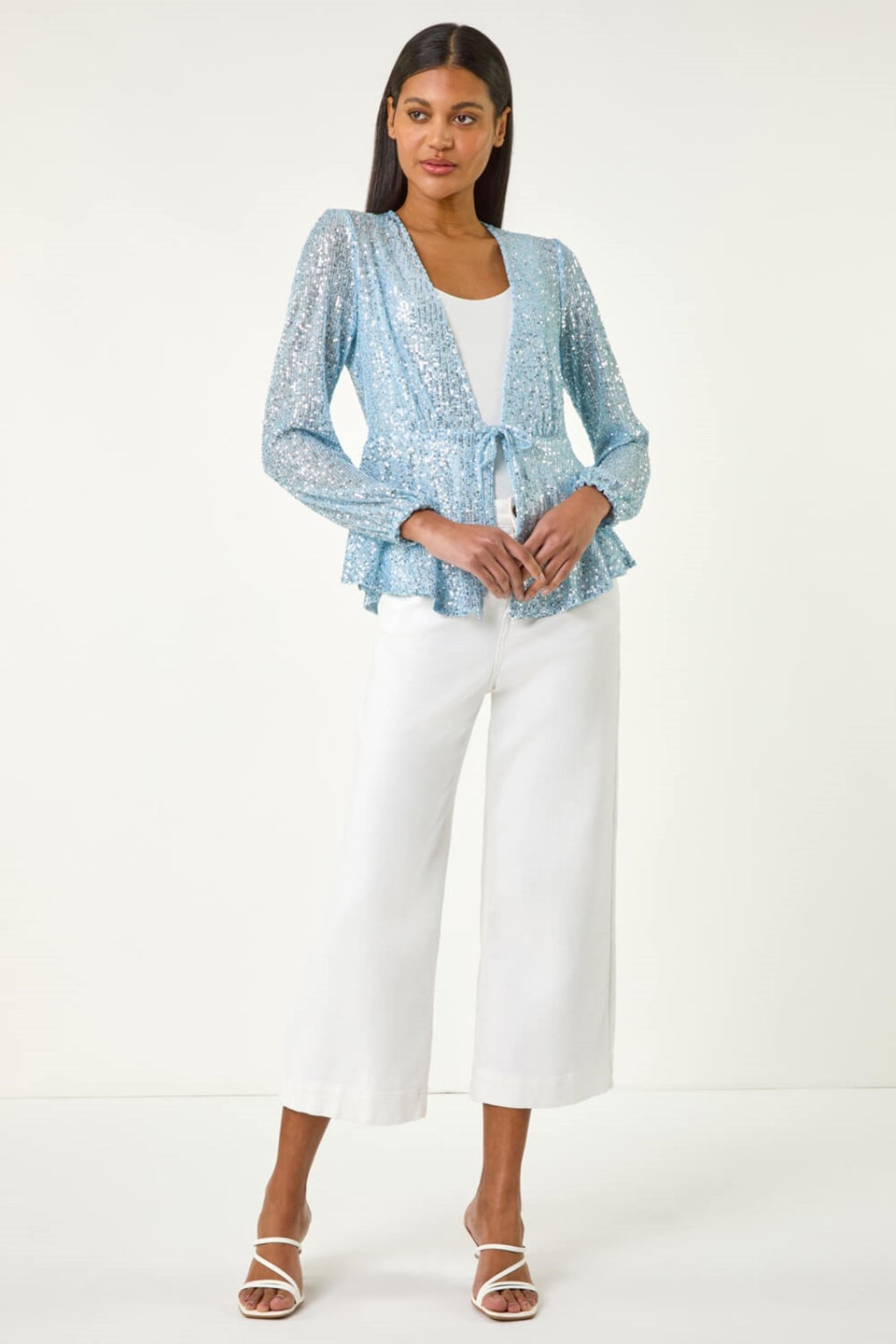 Roman Light Blue Sequin Tie Front Stretch Top