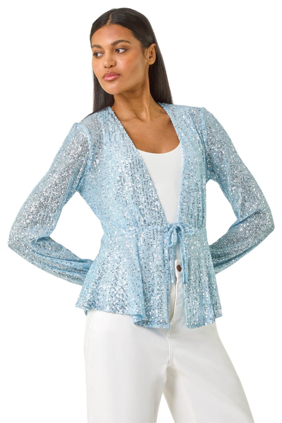 Roman Light Blue Sequin Tie Front Stretch Top