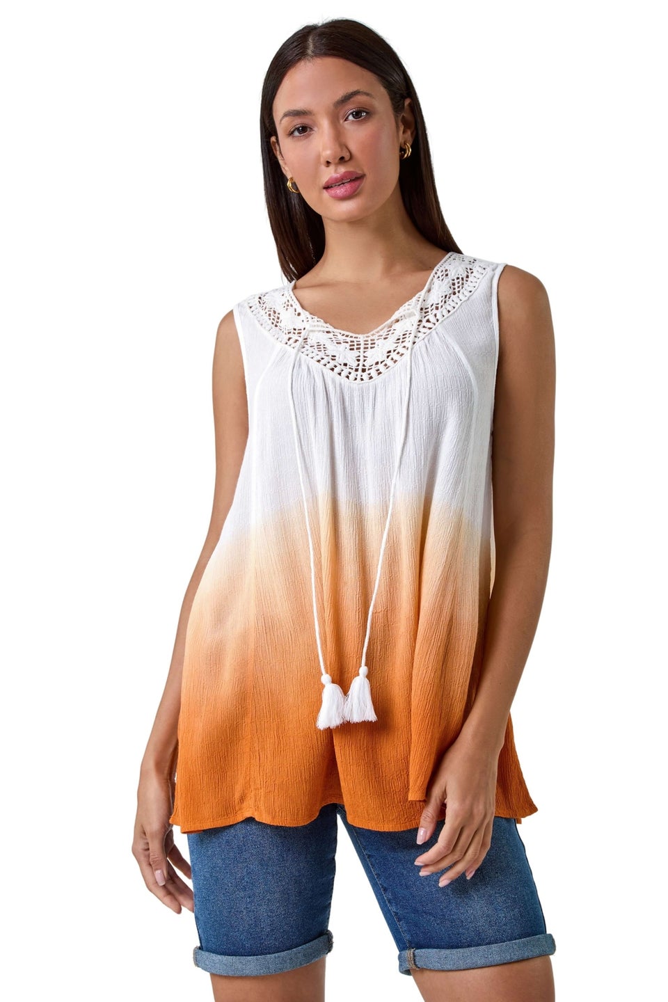Roman Rust Cotton Lace Detail Ombre V-Neck Vest Top