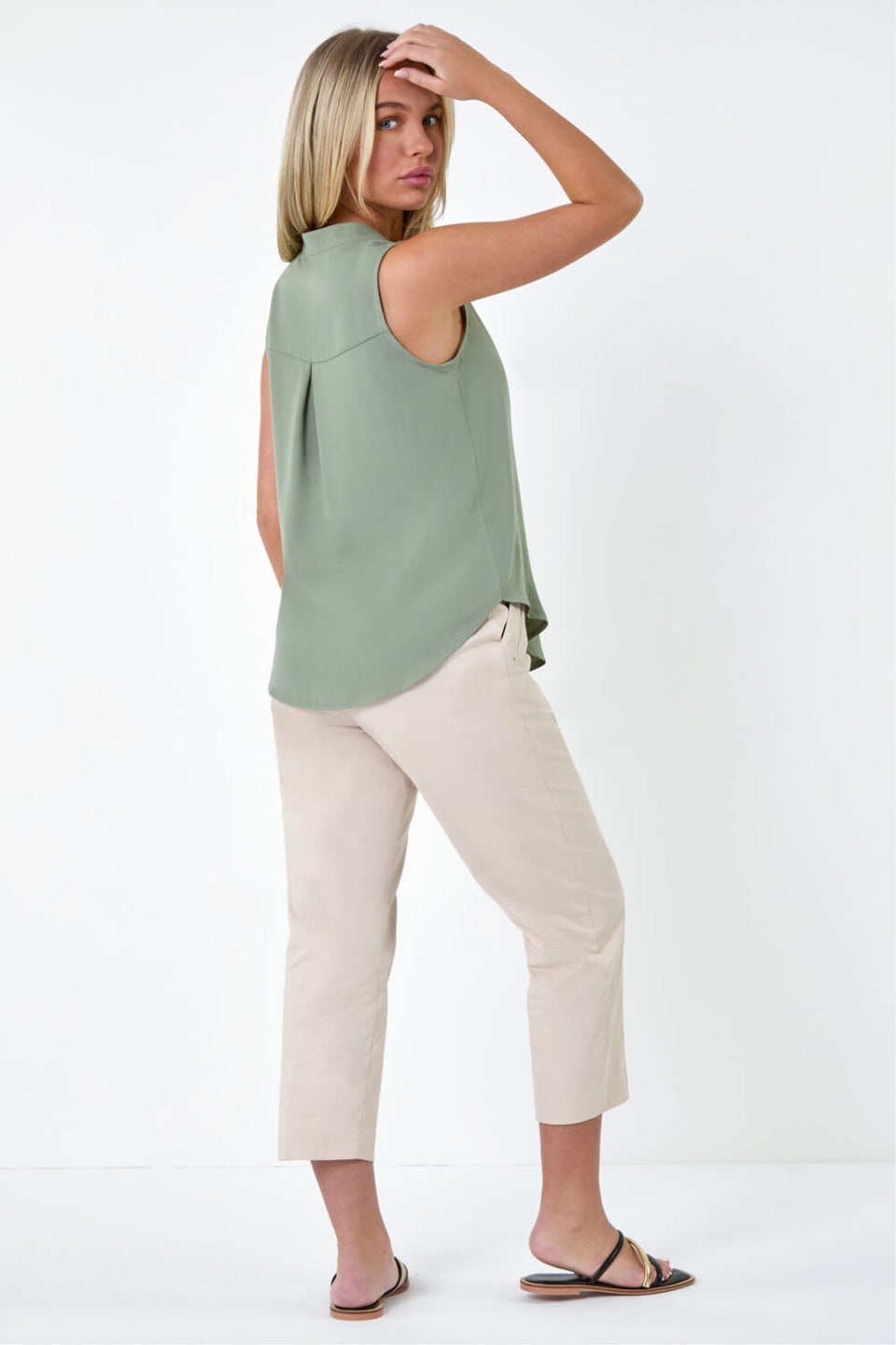 Roman Khaki Petite Sleeveless Pleat Detail Top