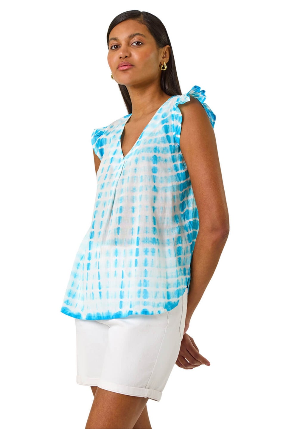 Roman Turquoise Pleated Tie Dye Frill Top