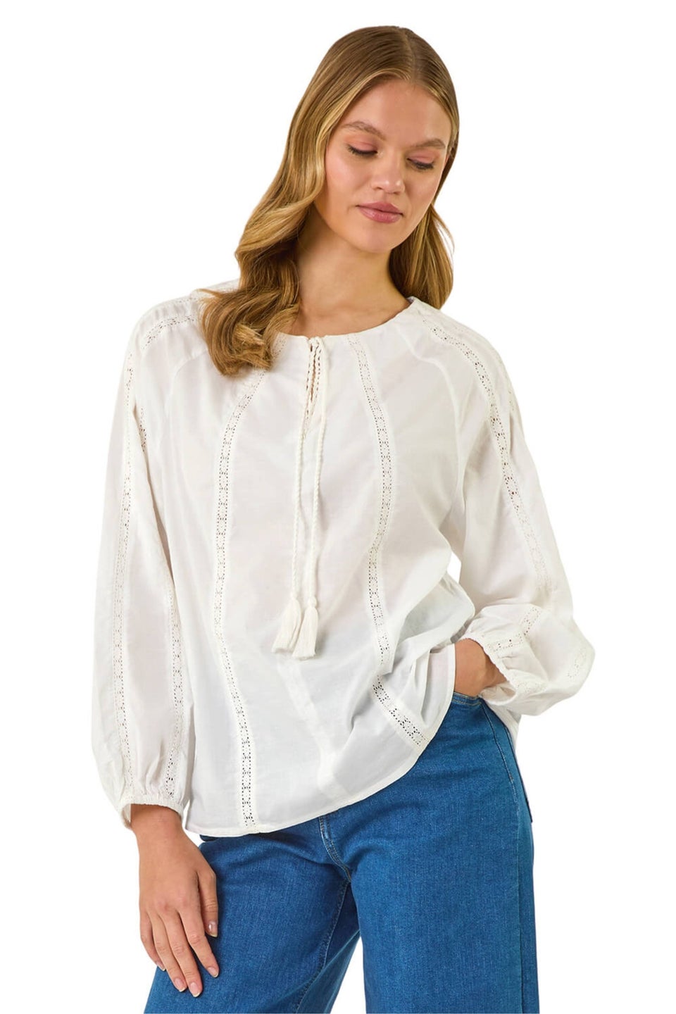 Roman Ivory Lace Trim Tie V-Neck Top