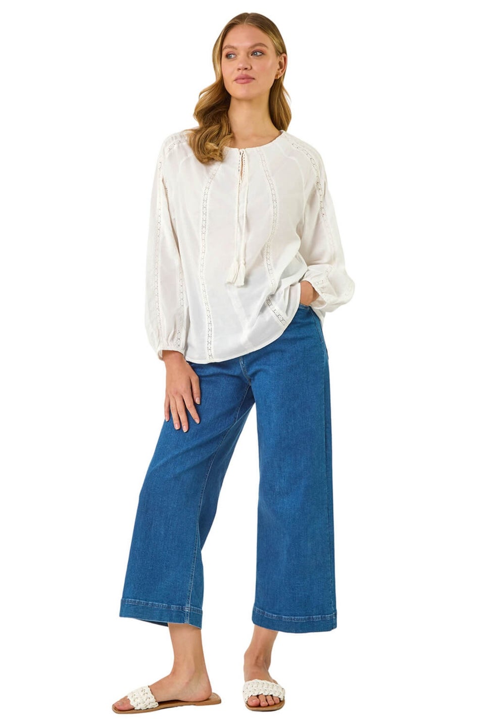 Roman Ivory Lace Trim Tie V-Neck Top