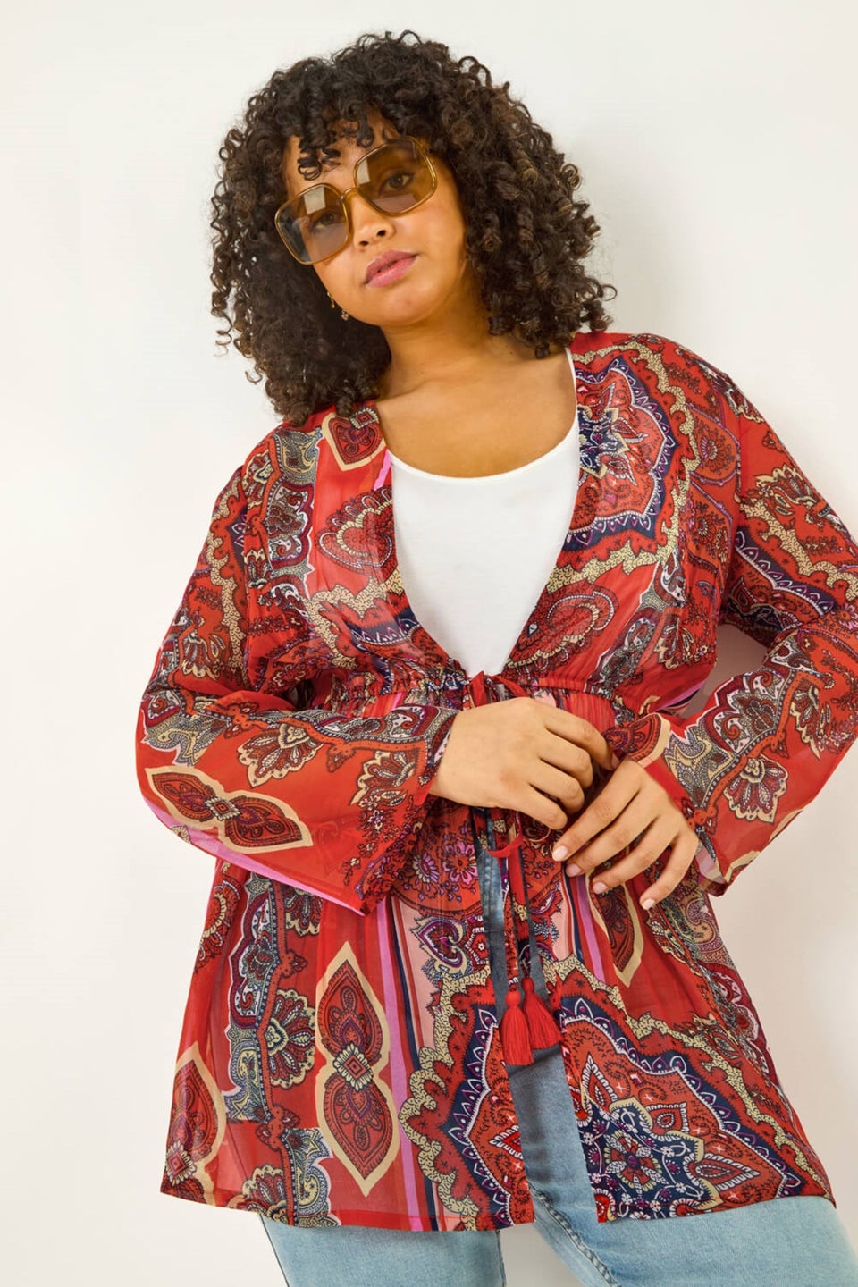 Roman Red Curve Paisley Tie Front Kimono