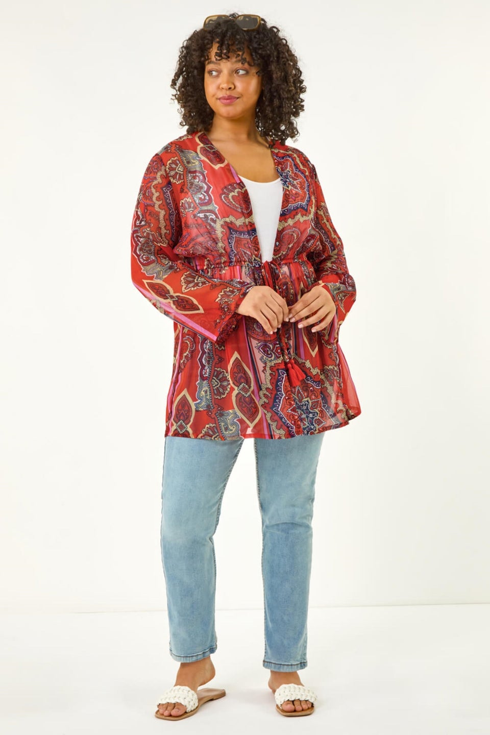 Roman Red Curve Paisley Tie Front Kimono