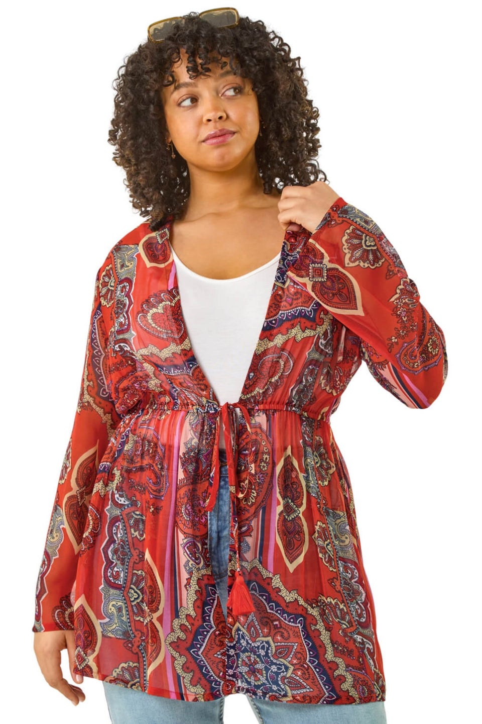 Roman Red Curve Paisley Tie Front Kimono