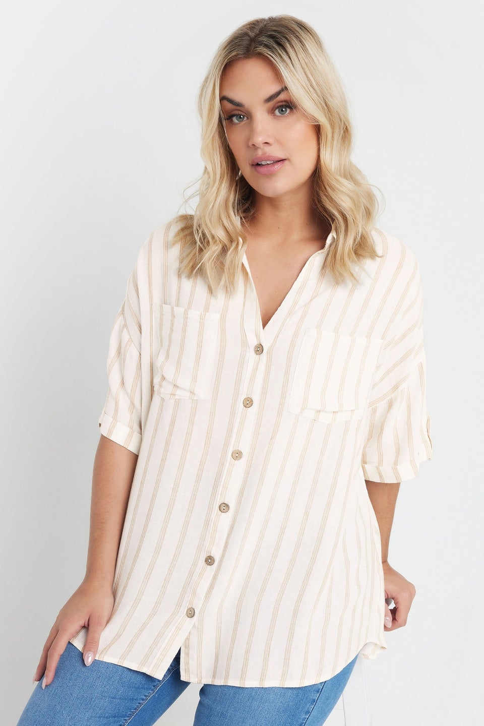Yours Curve Cream Short Sleeve Linen Stripe Shirt