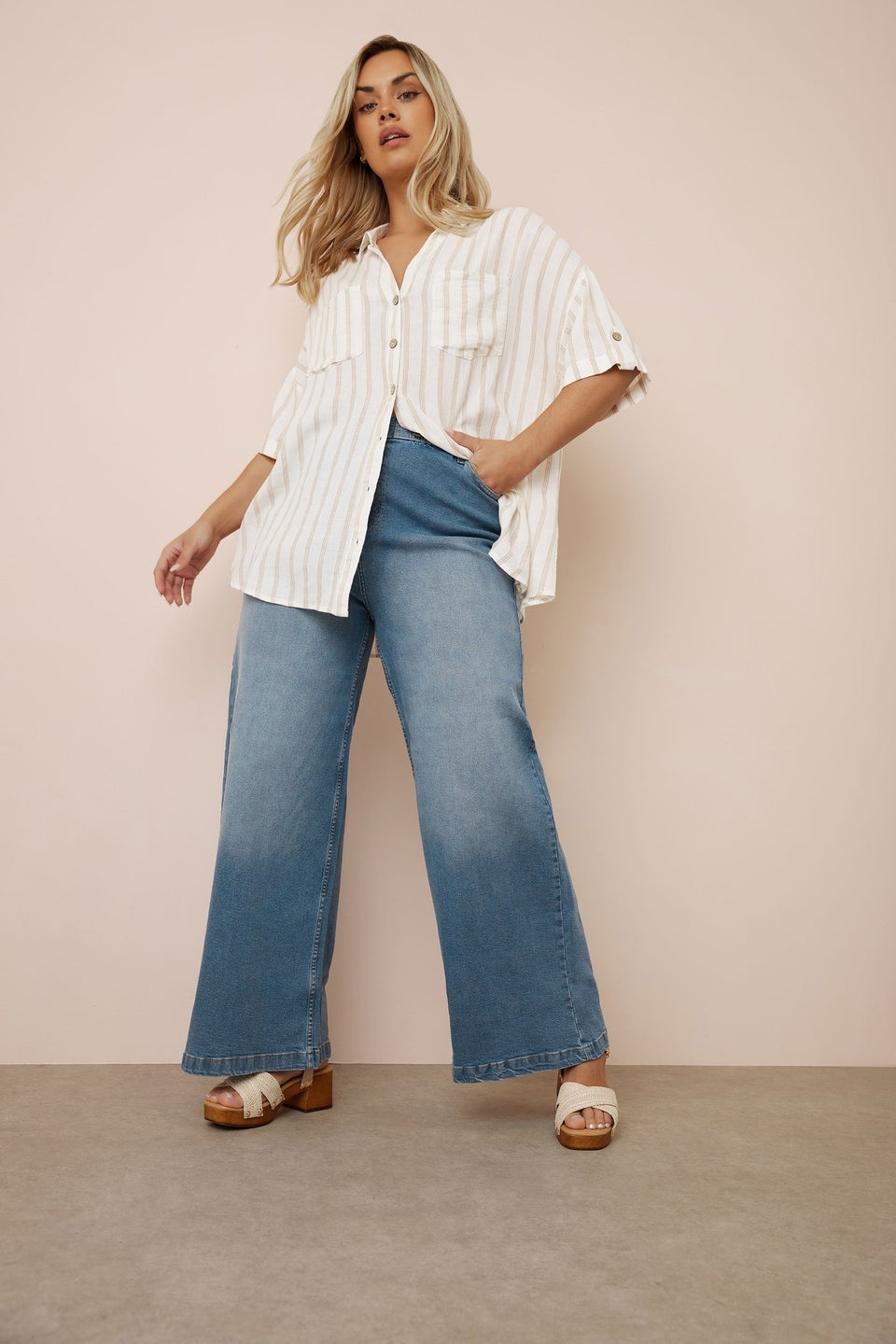 Yours Curve Cream Short Sleeve Linen Stripe Shirt