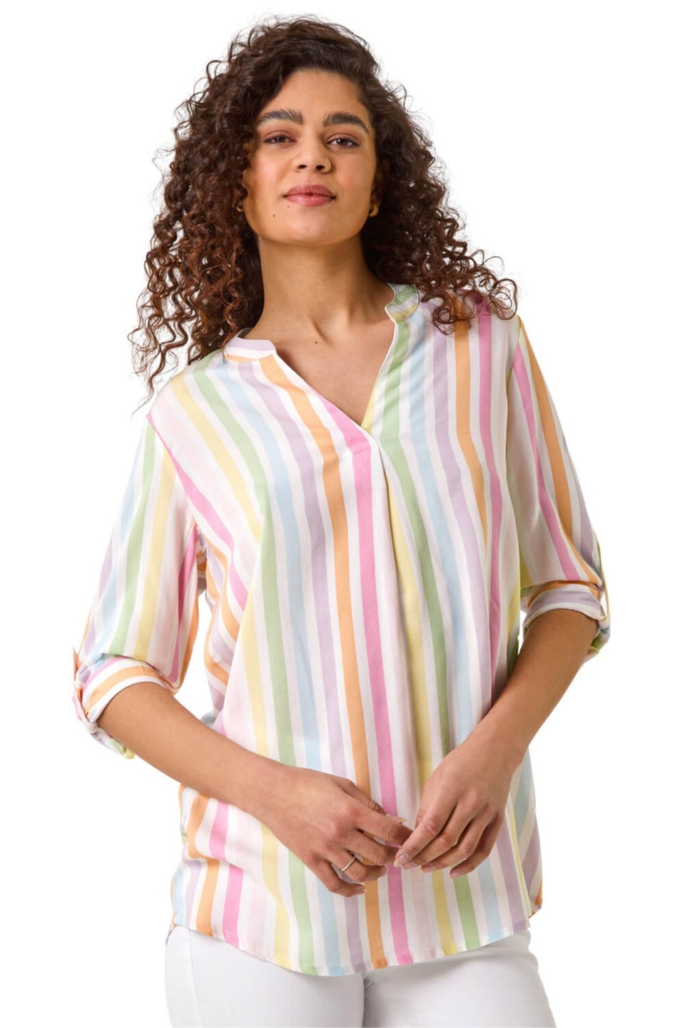 Roman Pink Stripe Print Pleat Detail Tunic Top